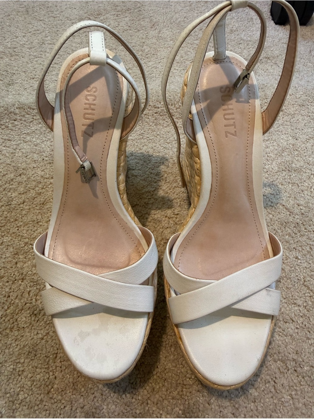 SCHUTZ White Leather Espadrille Platform Wedge Sandals